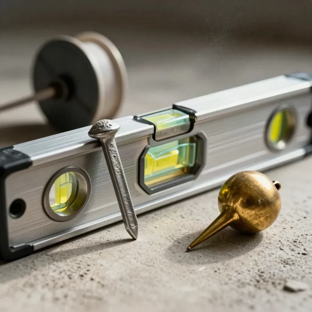 Aluminium spirit level, utility peg, chalk reel case and brass plumb bob on pale concrete.