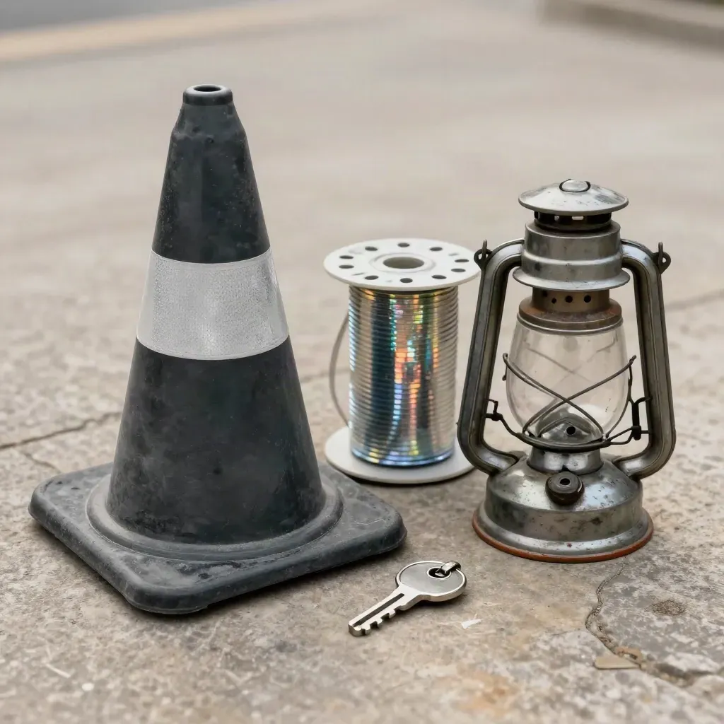 Macro still life of municipal highways tools on brushed stone