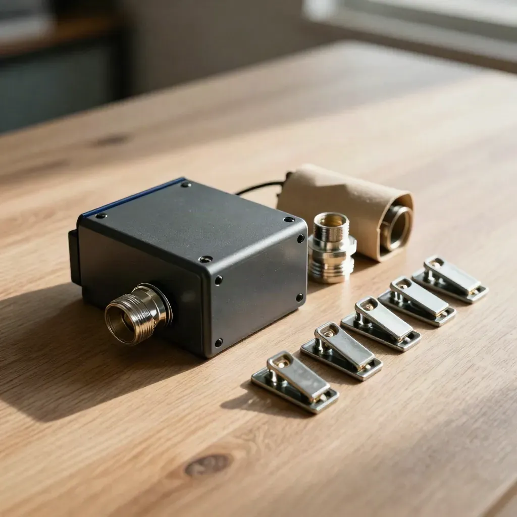 Top-down relay kit on pale oak with navy accents and soft daylight