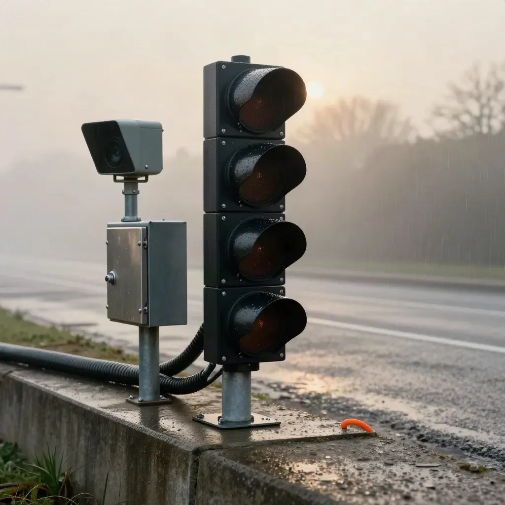 Smart junction hardware on wet concrete in mist, with signal heads, radar pod, ANPR housing and ducting.