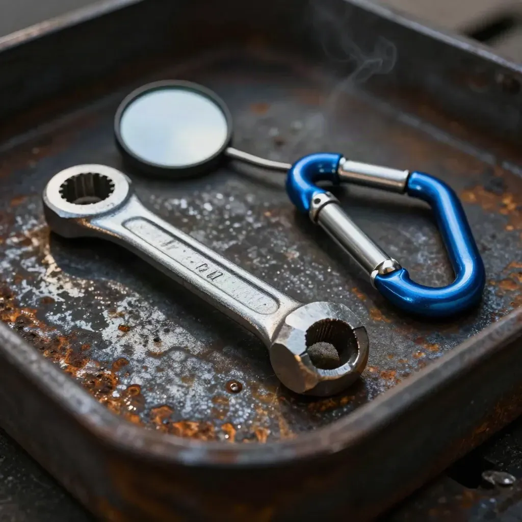Bridge inspection hardware on blackened metal with dramatic directional light