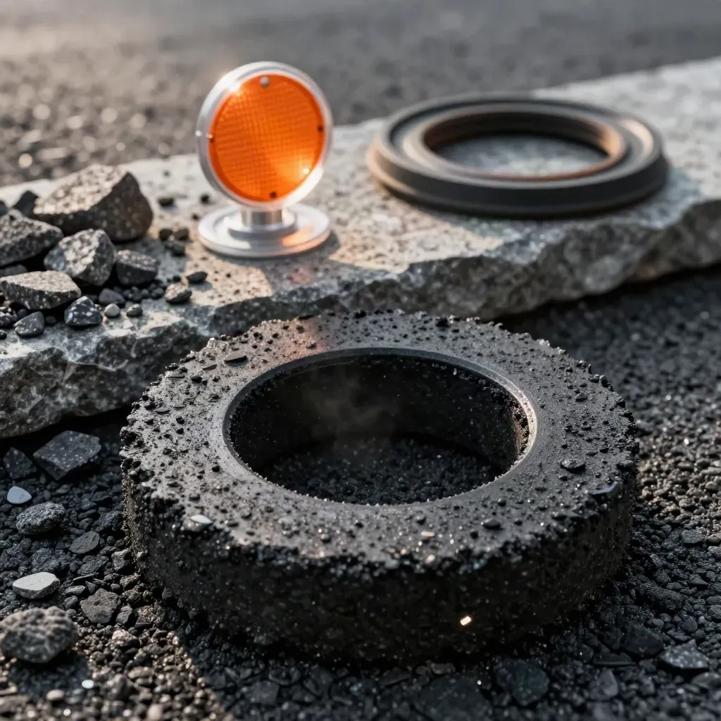 Macro still life of an asphalt core ring, aggregate tray, road stud and gasket on grey stone.