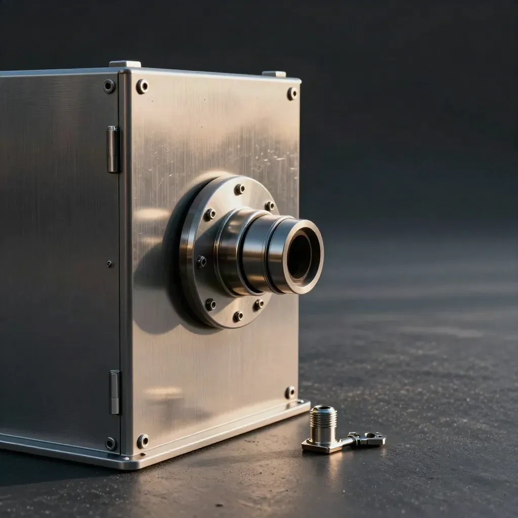 Modular junction enclosure with flange, glands and fasteners on brushed aluminium in dramatic studio light.