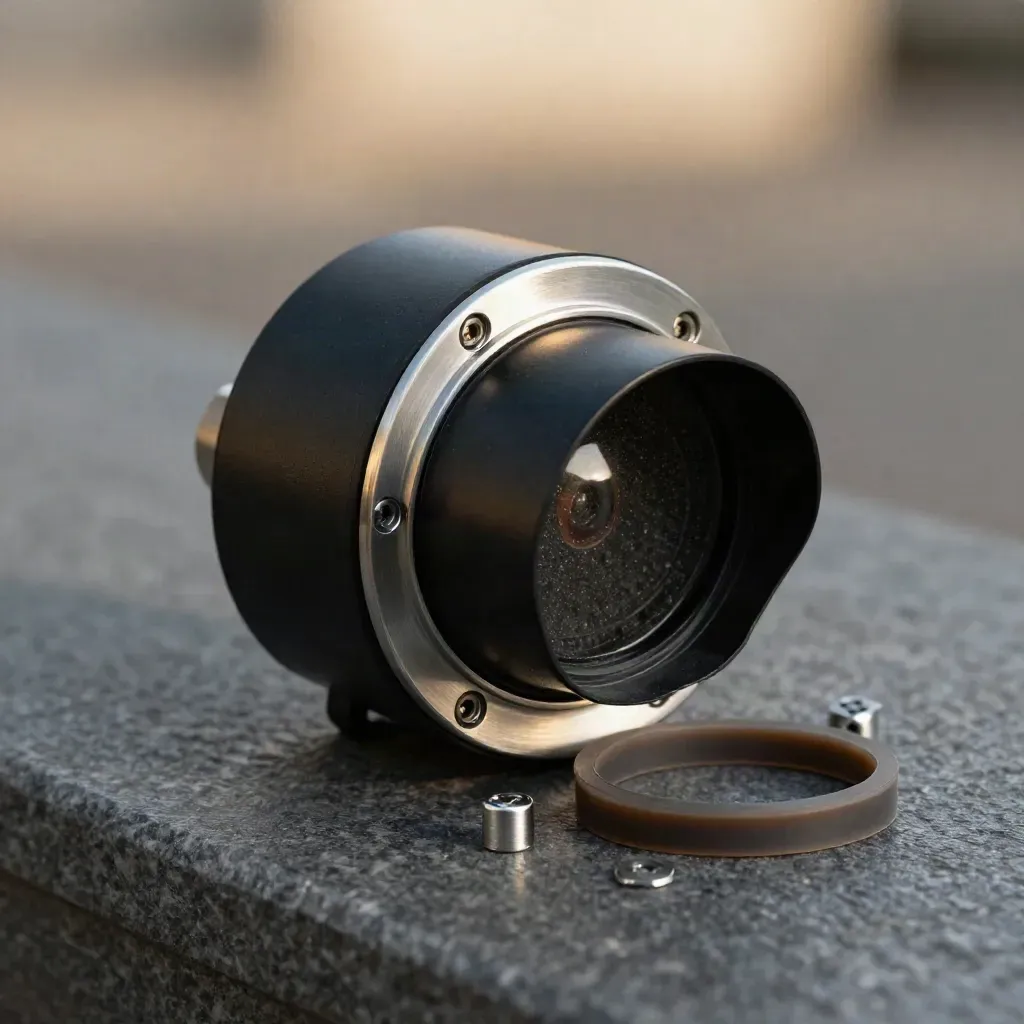 Traffic signal lamp module with gasket and fixings in tight macro on graphite stone.
