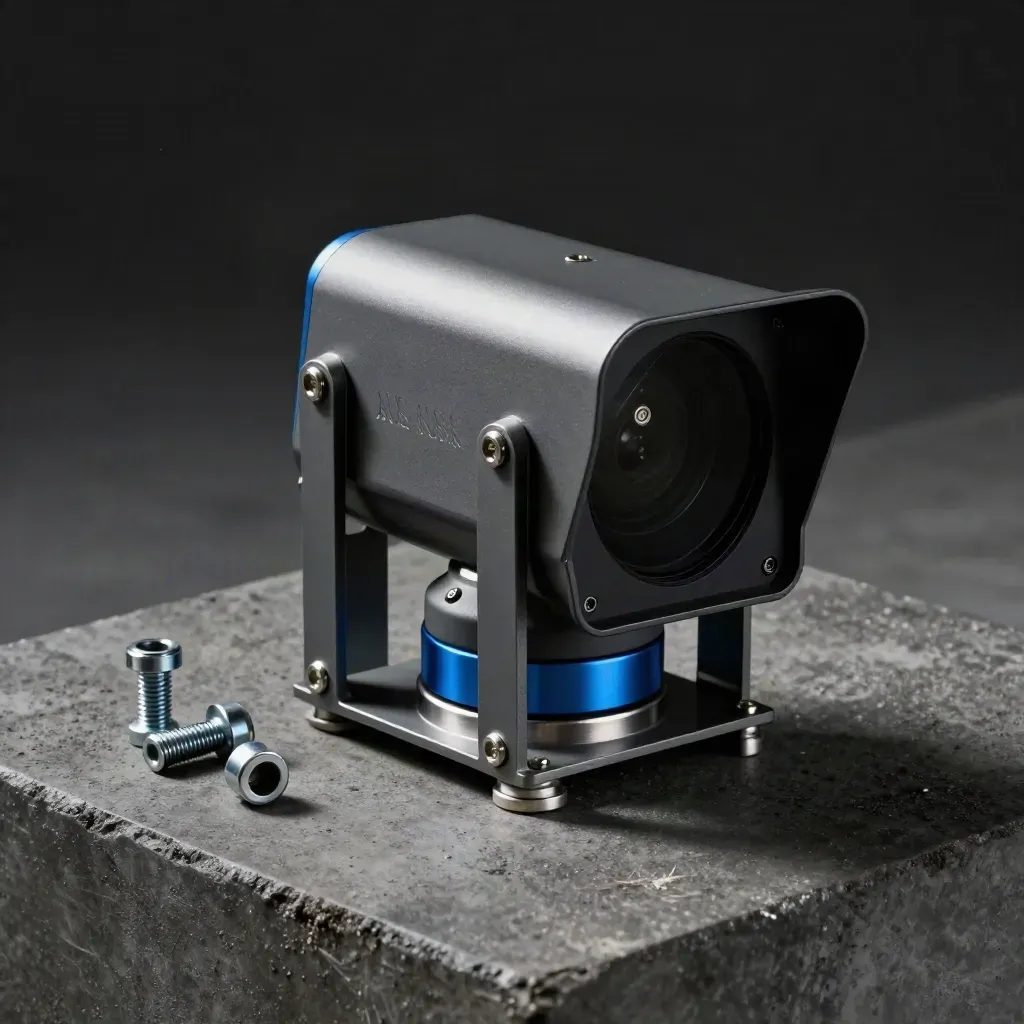 Radar sensor pod with bracket arms and fixings on a dark concrete slab, lit dramatically.