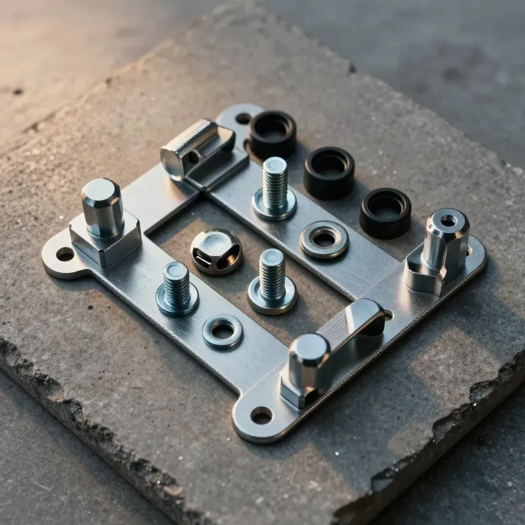 Retrofit brackets, spacers, bolts and cable grommets arranged on a concrete slab