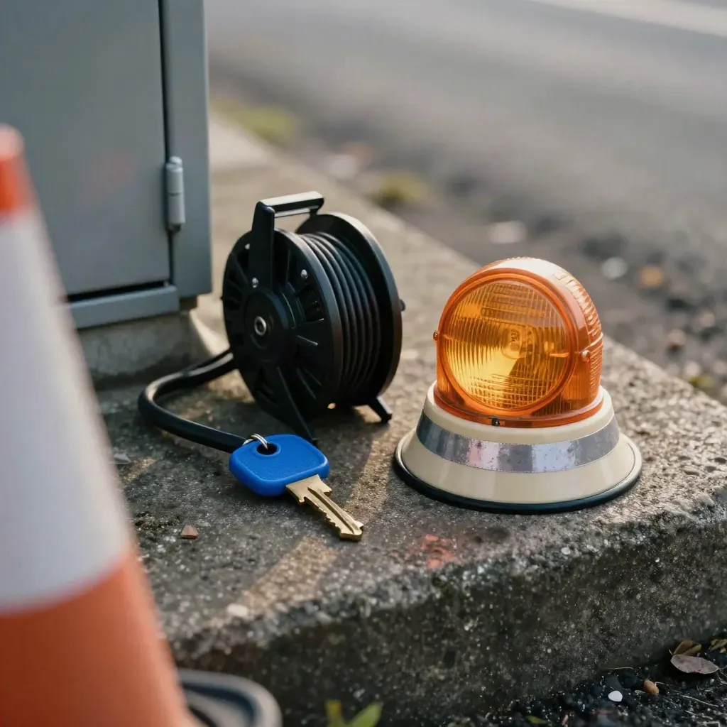 Traffic team tools beside a roadside cabinet, seen through a blurred cone edge.