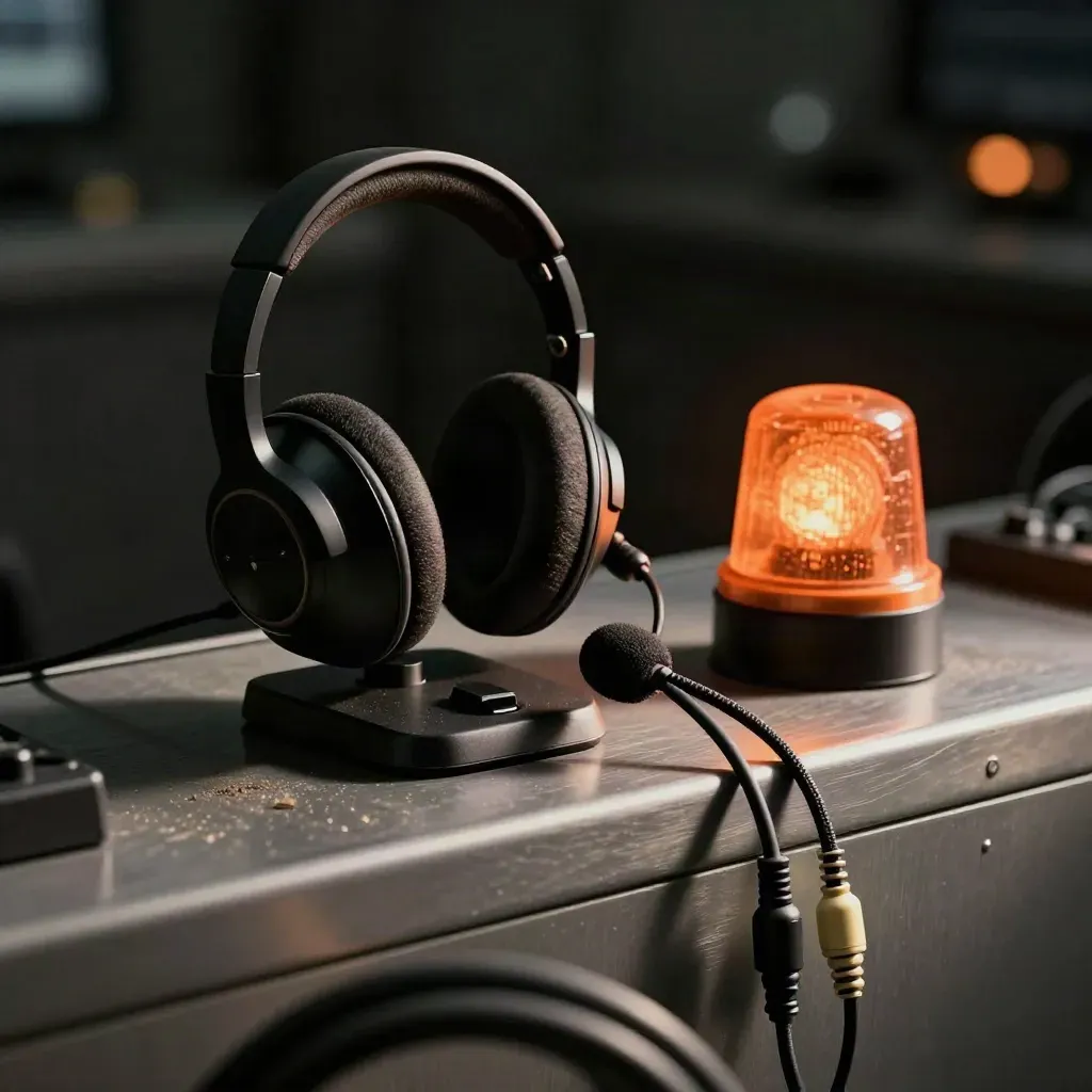 Control-room comms hardware on a console edge with amber beacon and patch leads.
