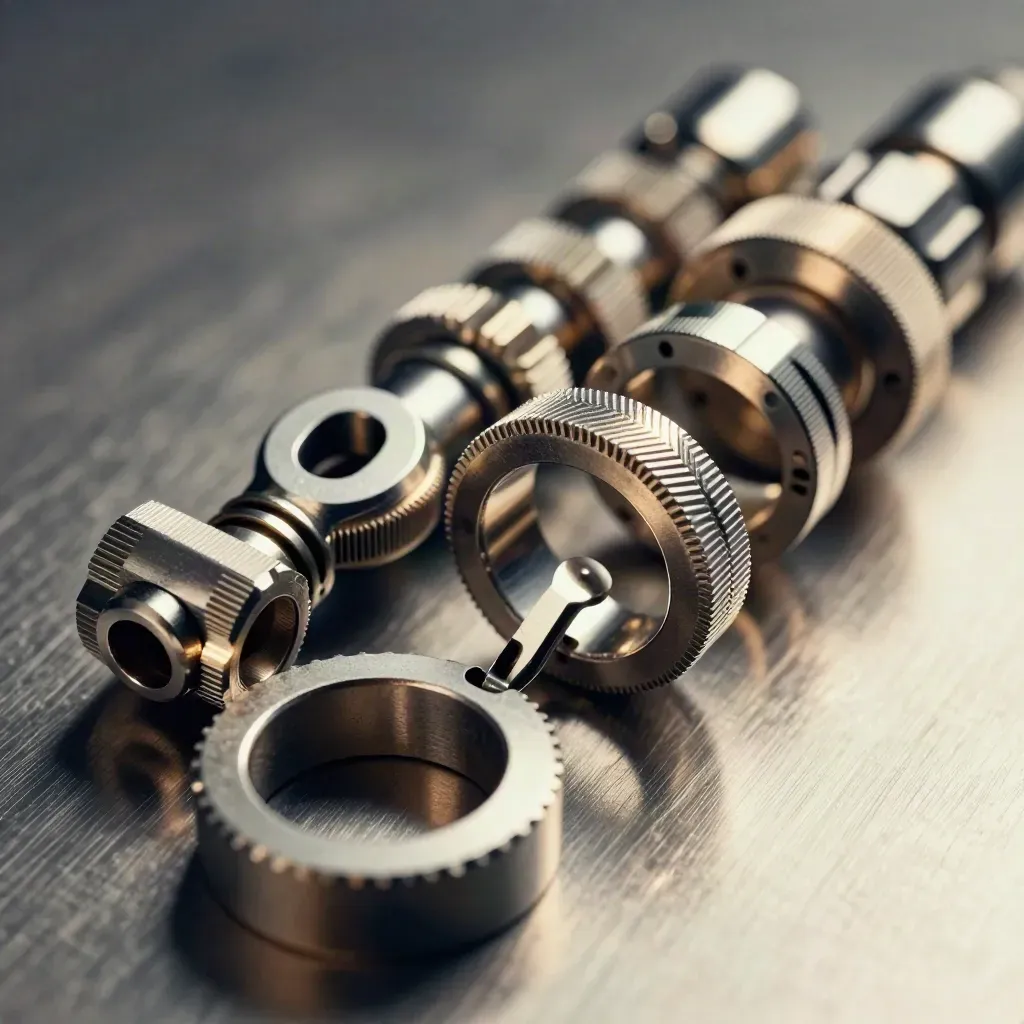 Macro still life of linked metal rings, snap hooks, and cable glands on brushed steel.