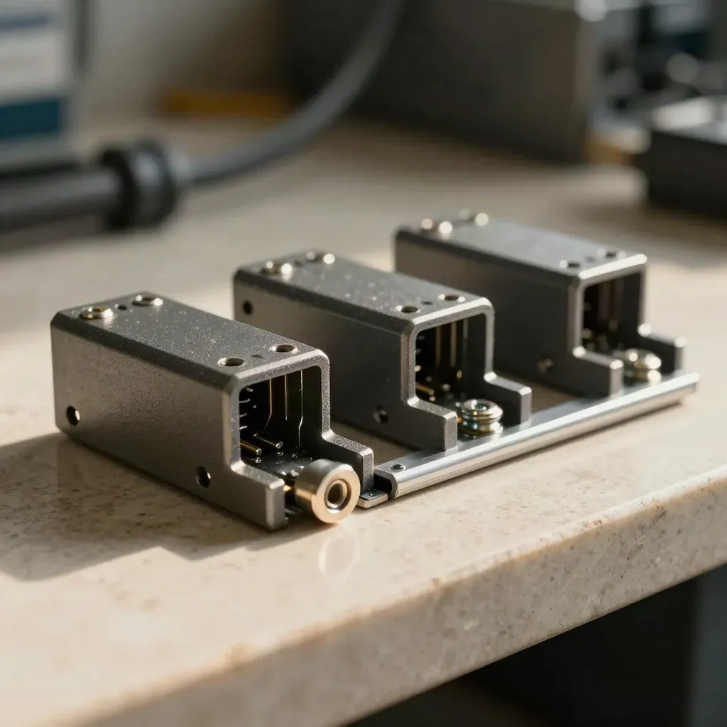 Graphite modular blocks with dovetail plates and screws on a matte bench, rising left to right.
