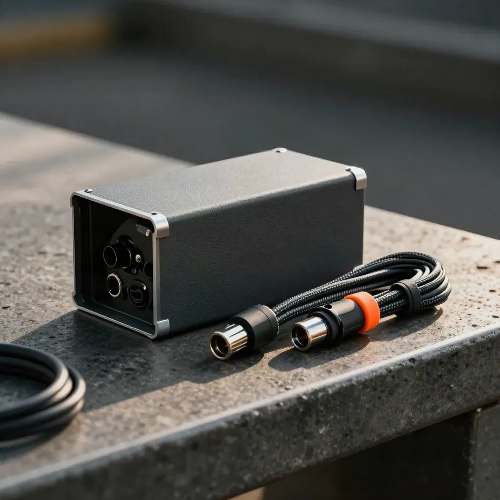 Fibre breakout box with couplers and braided cables on a concrete workbench.