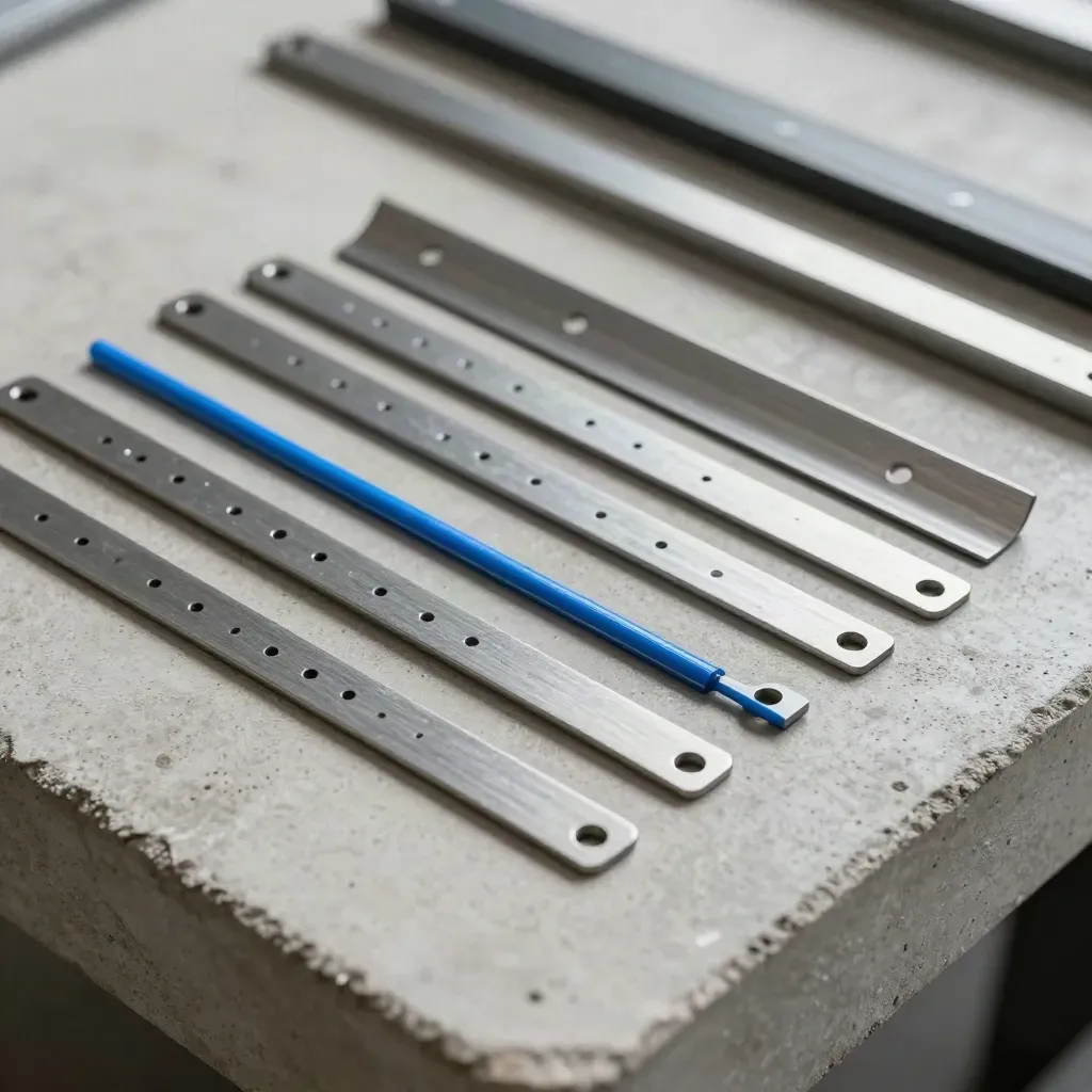 Overhead flat lay of perforated metal tabs and spacer bars on pale concrete with a blue accent